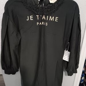 Black Je T'aime Paris Top with Lace Collar